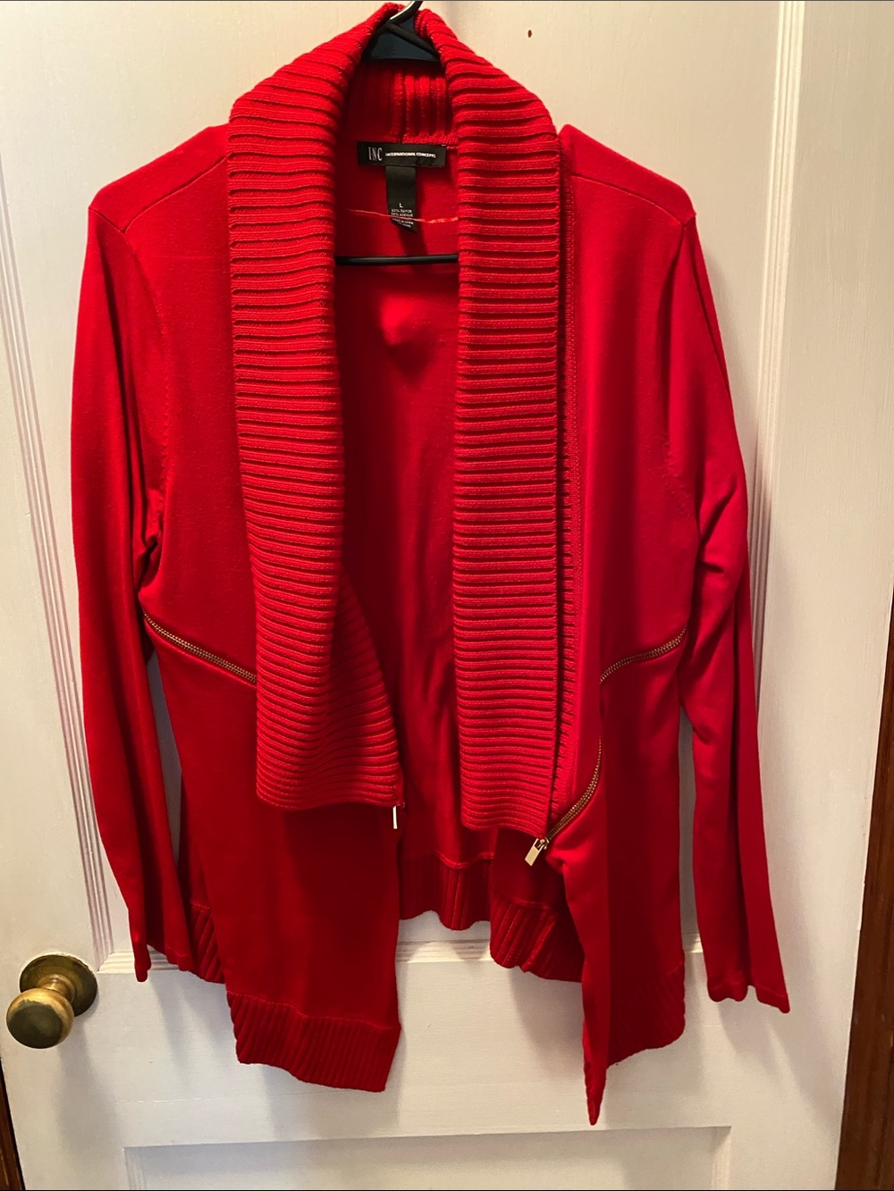 INC International Concepts Red Ribbed Shawl-Collar Cardigan with Zipper Accents